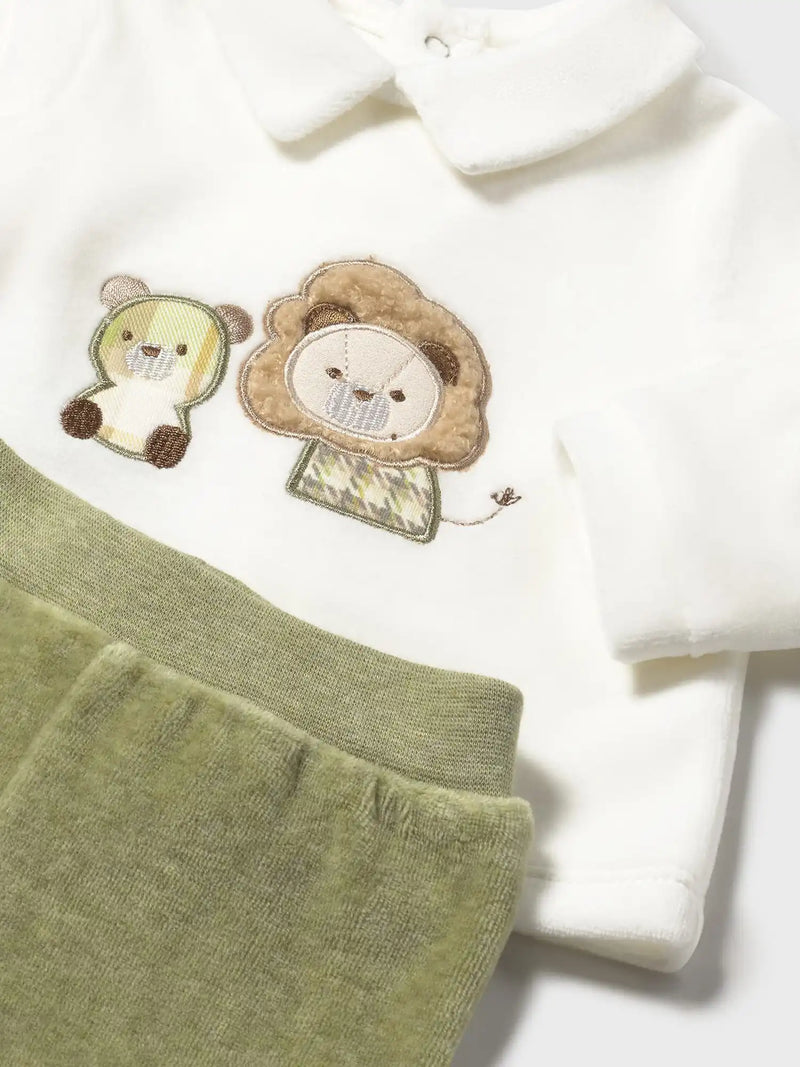 Mayoral velour leg warmer set with cute animal appliqués.