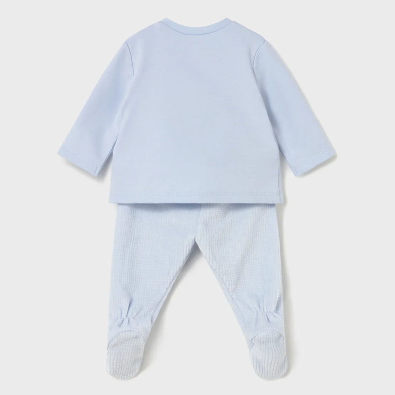 Rear view of the Mayoral blue bunny leg warmer set.