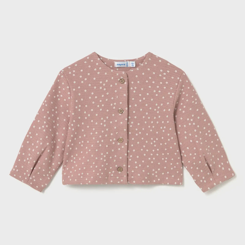 Mayoral blush pink cardigan patterned with little white flowers.