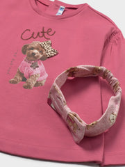 Closer look at the Mayoral pink top showing detail of the adorable puppy print.
