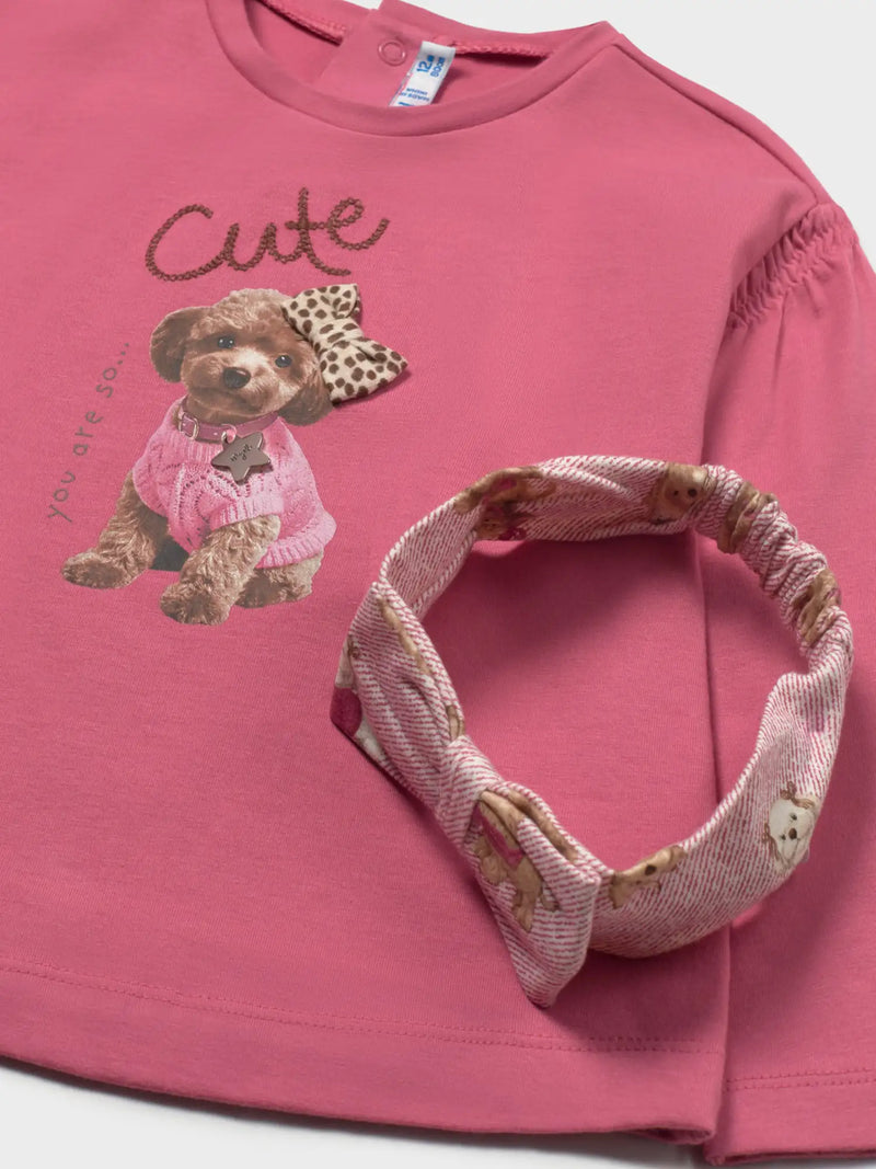 Closer look at the Mayoral pink top showing detail of the adorable puppy print.