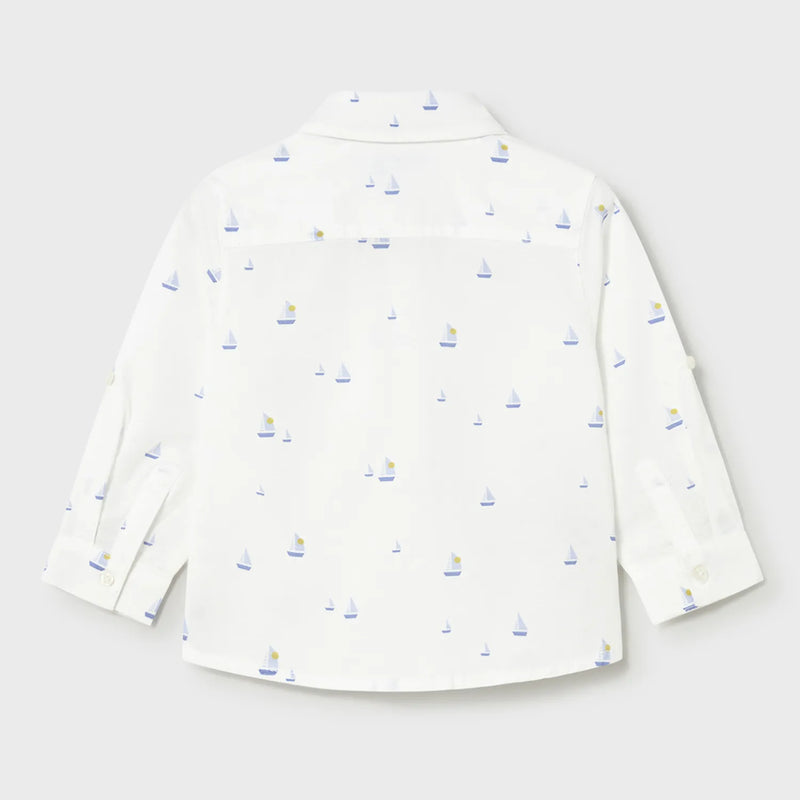Rear view of the Mayoral white sailboat shirt.