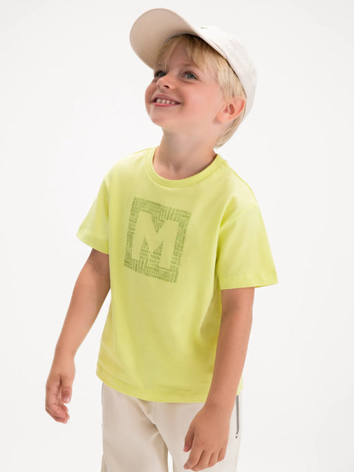 Boy modelling the Mayoral logo t-shirt.