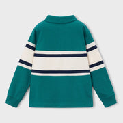 Back of the Mayoral green long sleeve colourblock polo shirt.