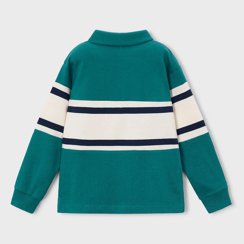 Back of the Mayoral green long sleeve colourblock polo shirt.