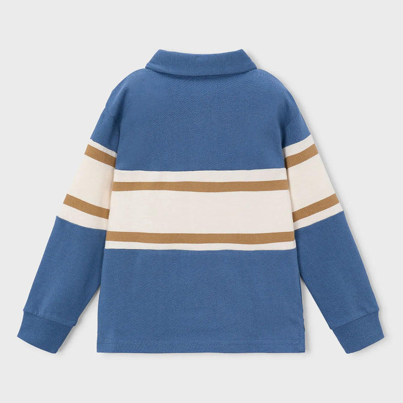 Back of the Mayoral blue long sleeve colourblock polo shirt.