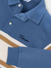 Closer look at the Mayoral long sleeve colourblock polo shirt showing detail of the script logo embroidery.