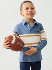 Boy wearing the Mayoral long sleeve colourblock polo shirt.