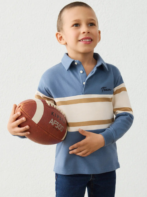 Boy wearing the Mayoral long sleeve colourblock polo shirt.