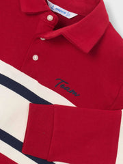 Closer look at the Mayoral long sleeve colourblock polo shirt showing detail of the script logo embroidery.