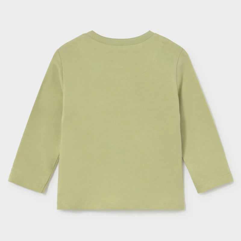 Back of the Mayoral green long sleeve dino t-shirt.