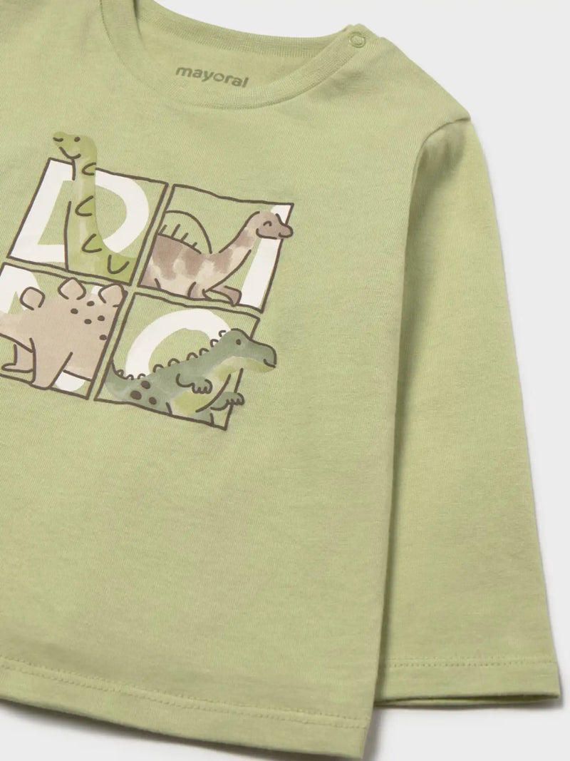 Closer view of the Mayoral long sleeve dino t-shirt.