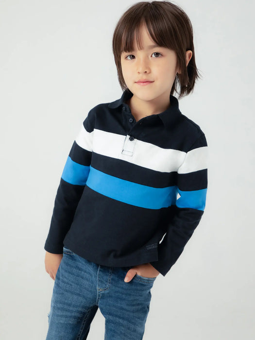 Boy wearing the Mayoral long sleeve polo.