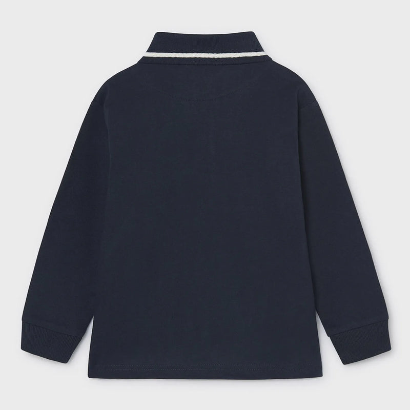 Back of the Mayoral navy long sleeve polo shirt.