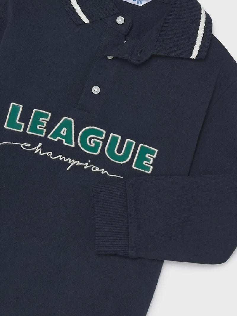 Closer look at the Mayoral long sleeve polo shirt.