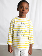 Boy wearing the Mayoral long sleeve striped t-shirt.