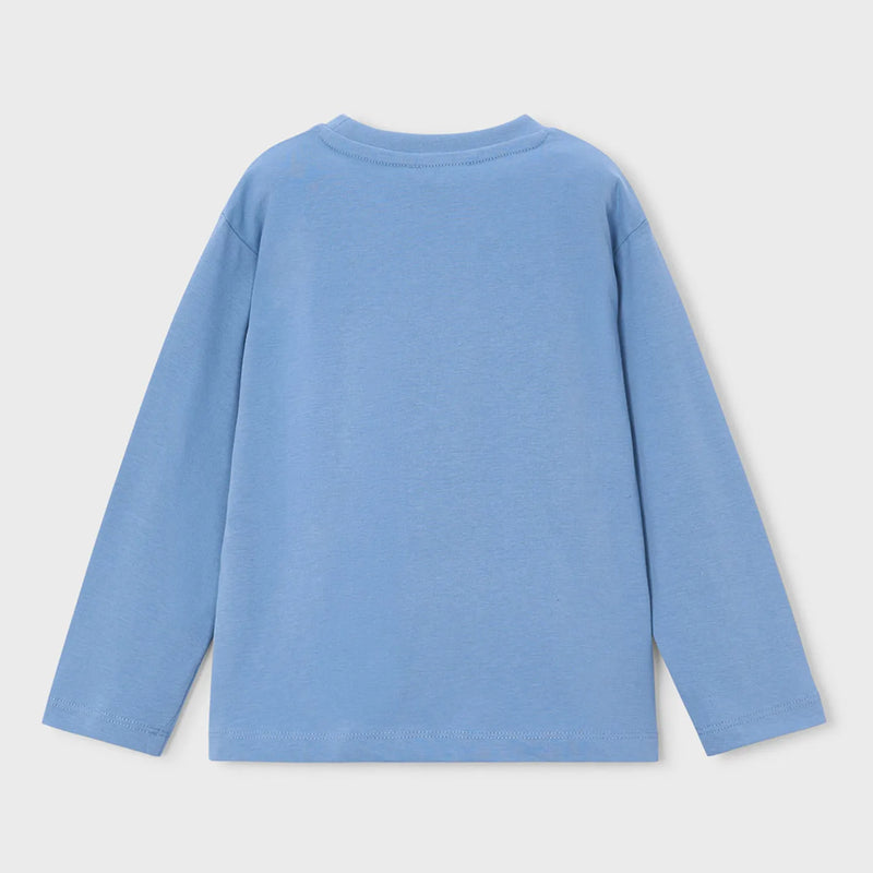Rear view of the Mayoral blue long sleeve t-shirt.