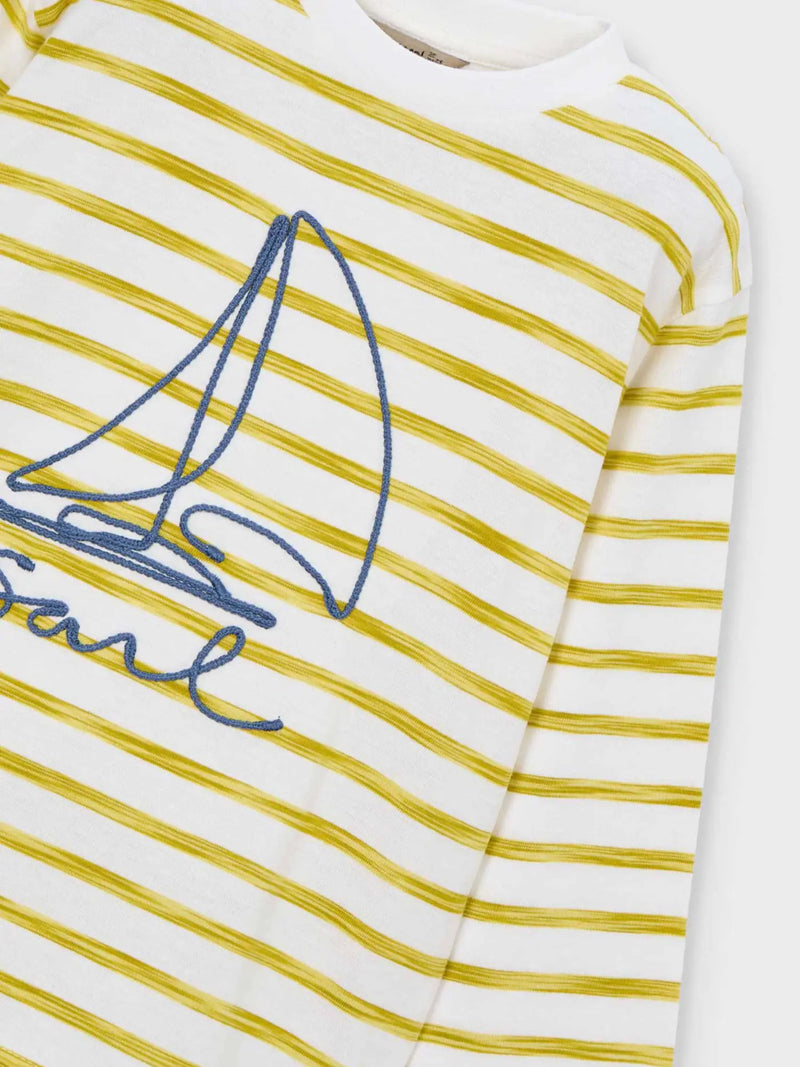 Closer look at the Mayoral long sleeve striped t-shirt showing detail of the embroidered sailboat.