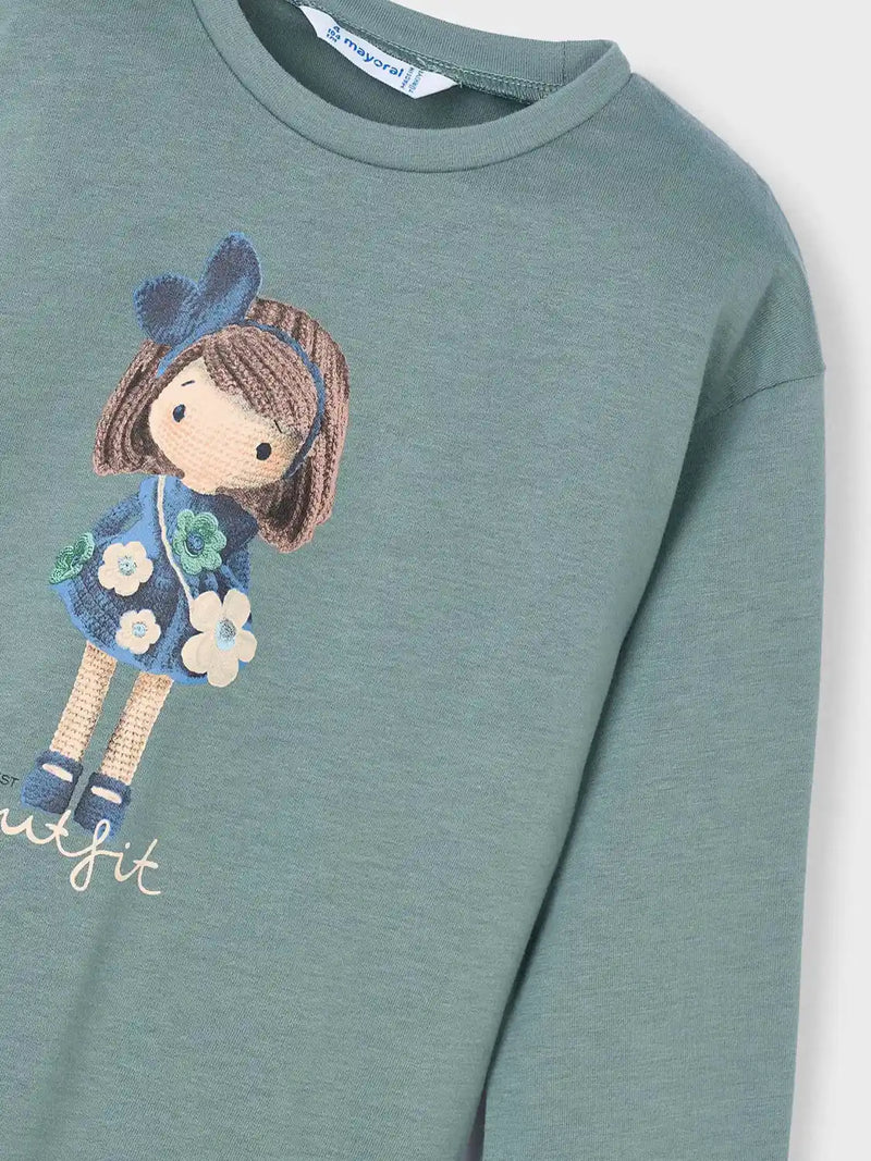 Mayoral green t-shirt with rag doll girl print.