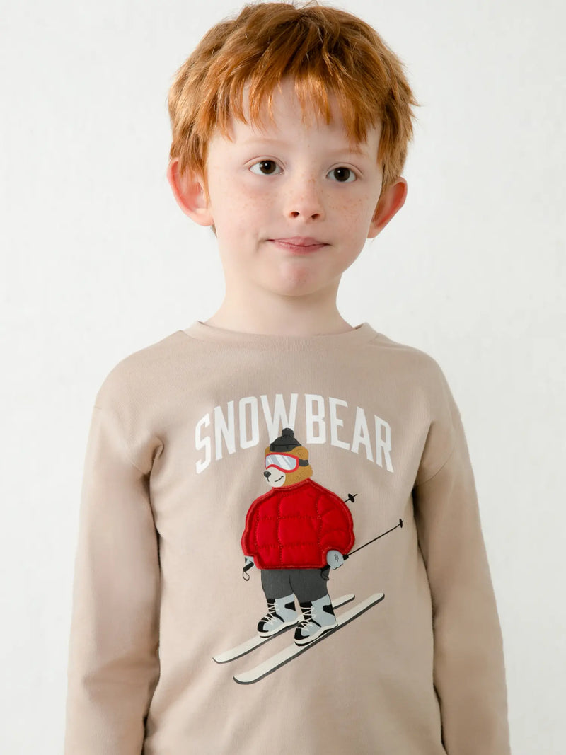 Mayoral beige long sleeve t-shirt, modelled by boy.