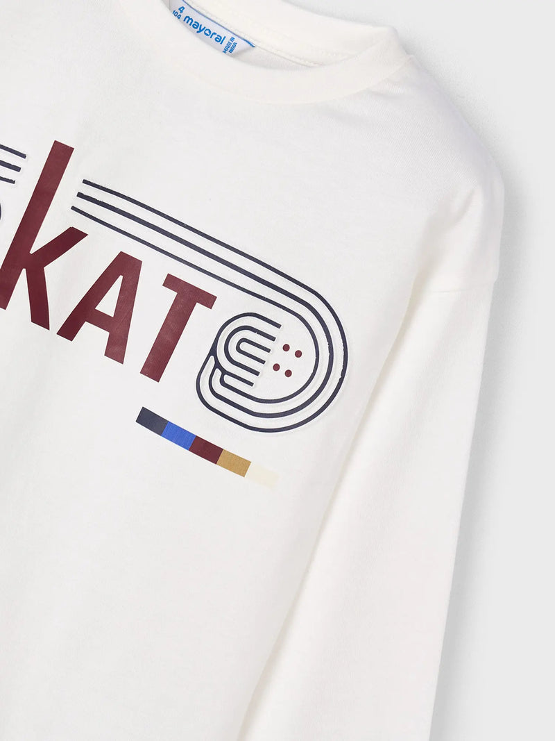 Mayoral cream t-shirt with skateboard logo.