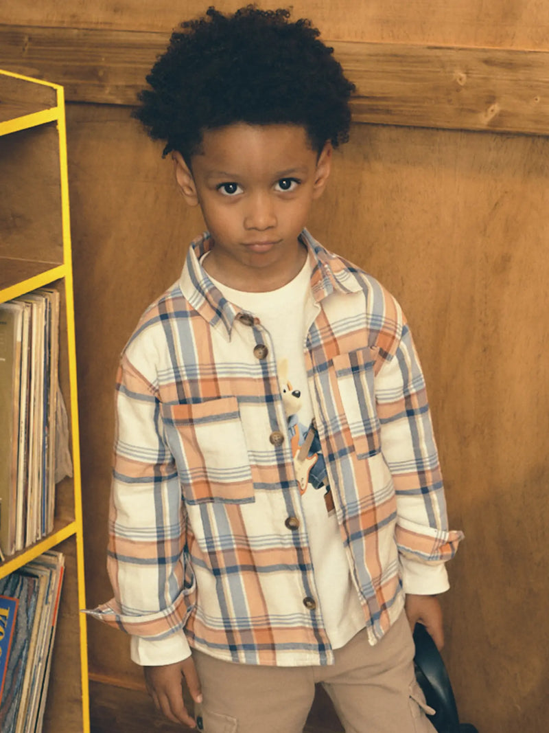 Mayoral cream overshirt, modelled by boy.