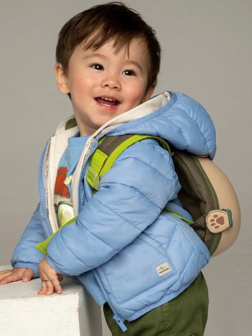 Happy smiling baby boy modelling the Mayoral padded jacket.