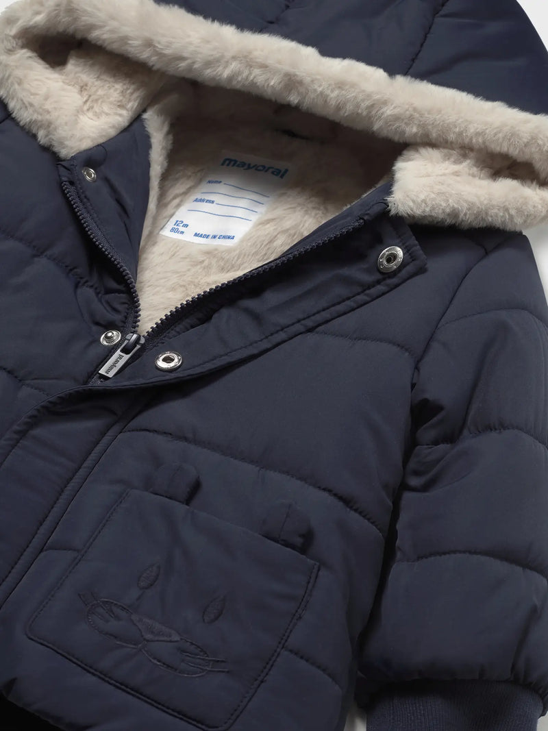 Closer look at the Mayoral parka showing detail of the faux fur inner lining.