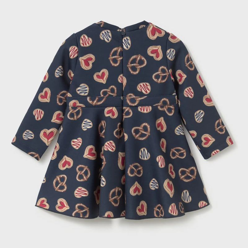 Rear view of the Mayoral baby girl's pastry print dress.