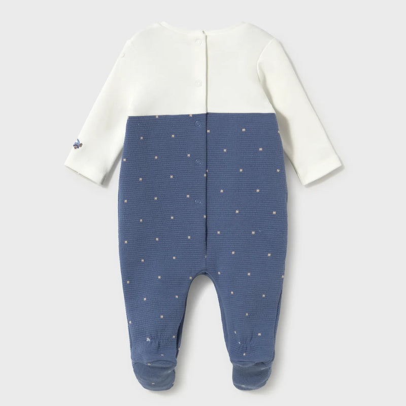 Back of the Mayoral blue patterned babygrow.