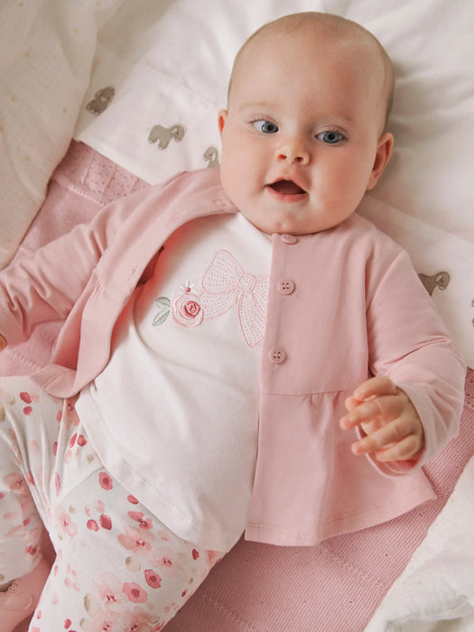 Baby girl wearing the Mayoral pink blossom leggings set.