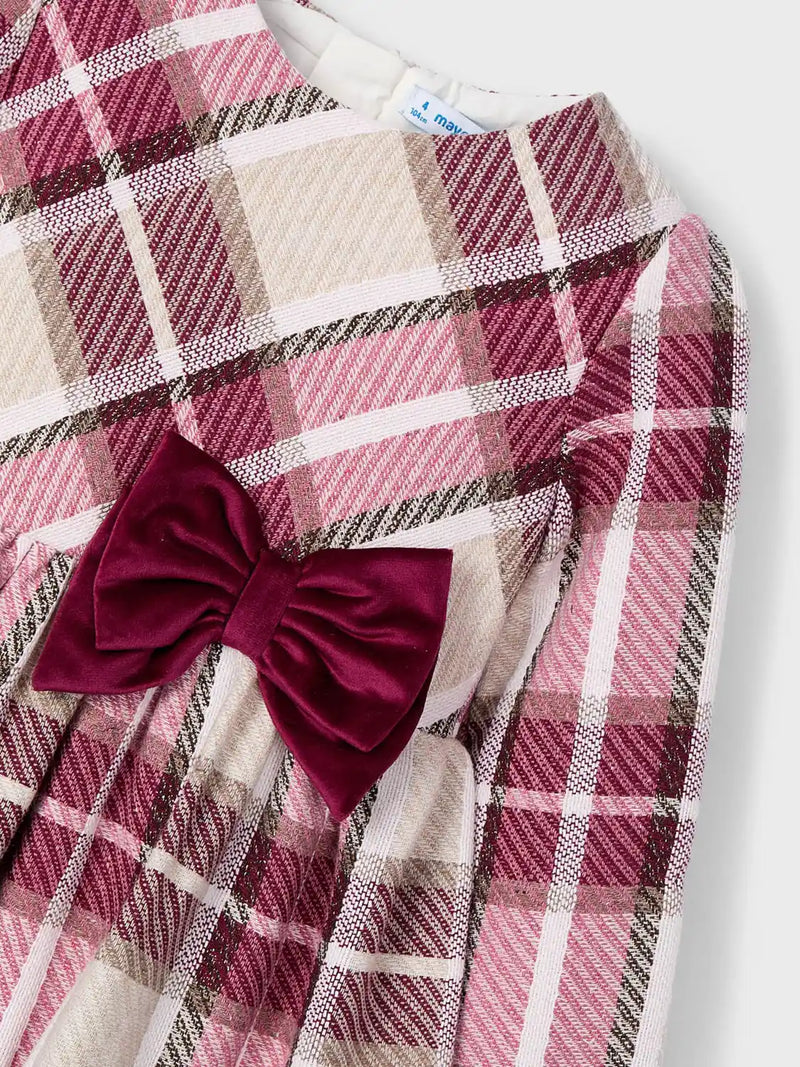 Mayoral plaid dress with burgundy bow at the waist.