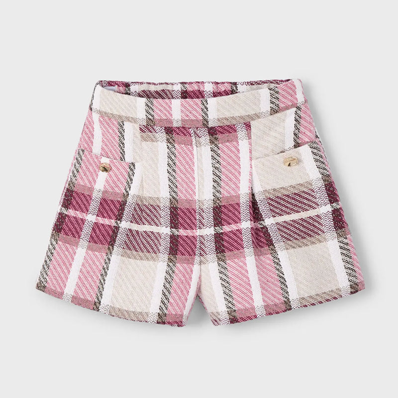 Mayoral girl's pink and beige plaid shorts.