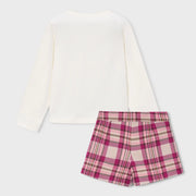 Rear view of the Mayoral plaid shorts set.