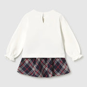 Rear view of the Mayoral plaid skirt set.