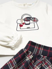 Closer look at the Mayoral plaid skirt set.