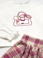 Closer look at the Mayoral plaid skirt set.