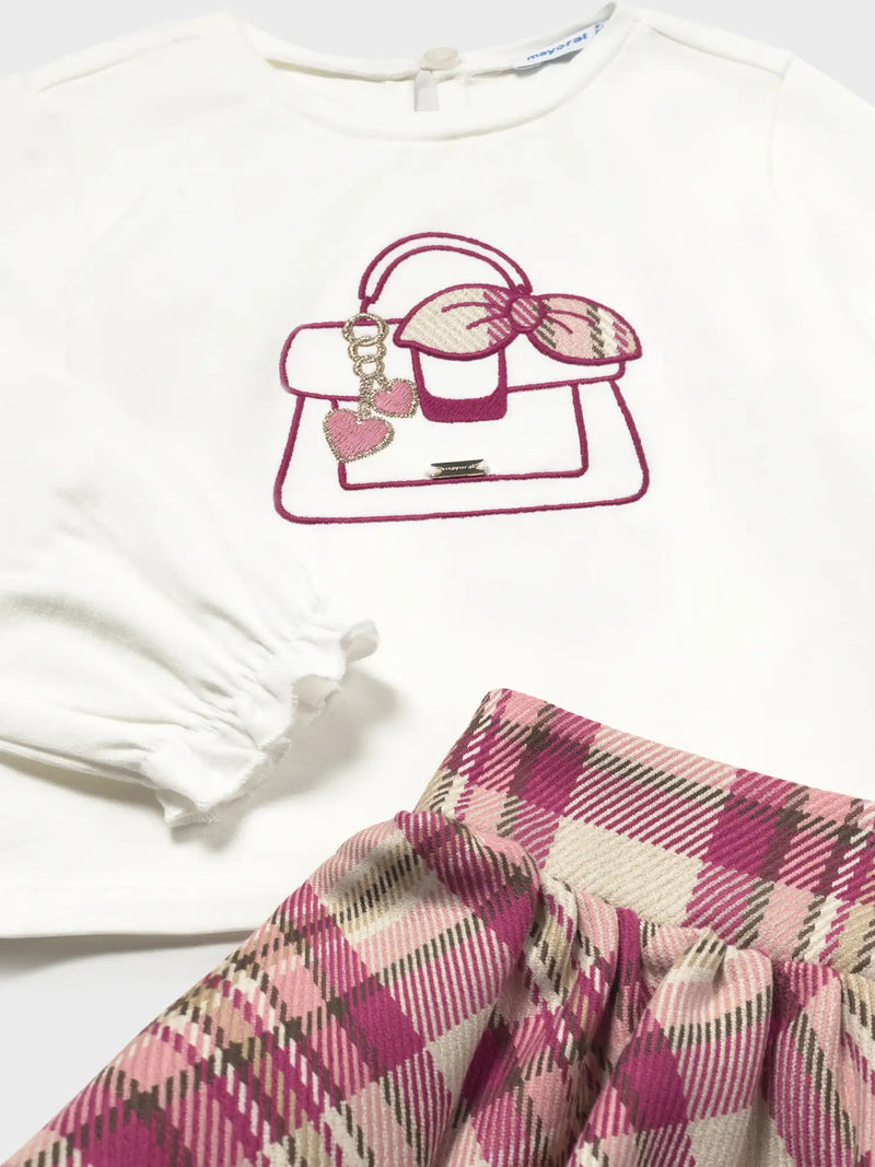 Closer look at the Mayoral plaid skirt set.