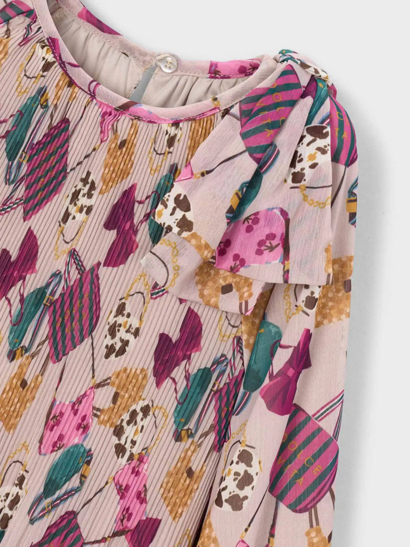 Mayoral pleated dress with all over print of stylish handbags.