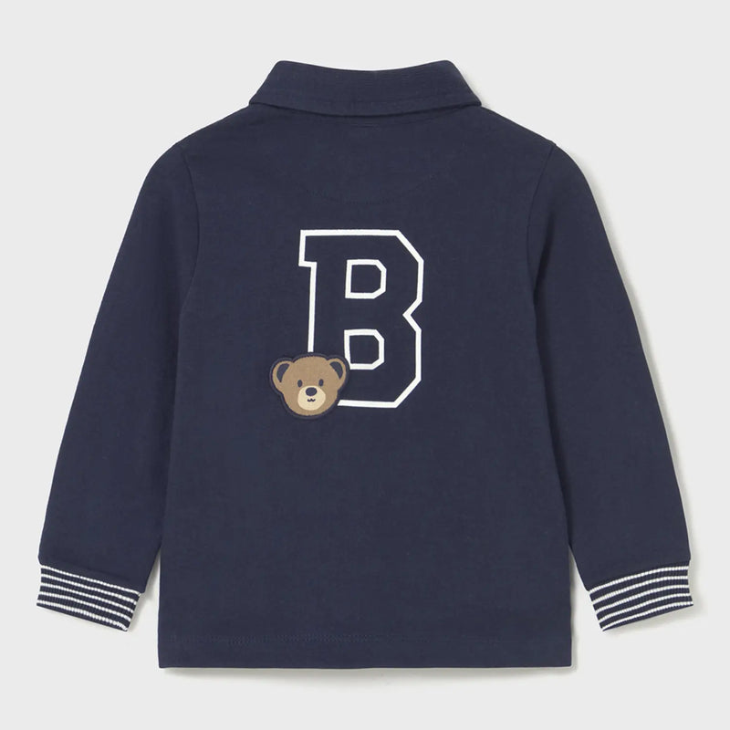 Mayoral long sleeve polo shirt with teddy bear logo on the back.