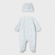 Rear view of the Mayoral printed babygrow & hat.