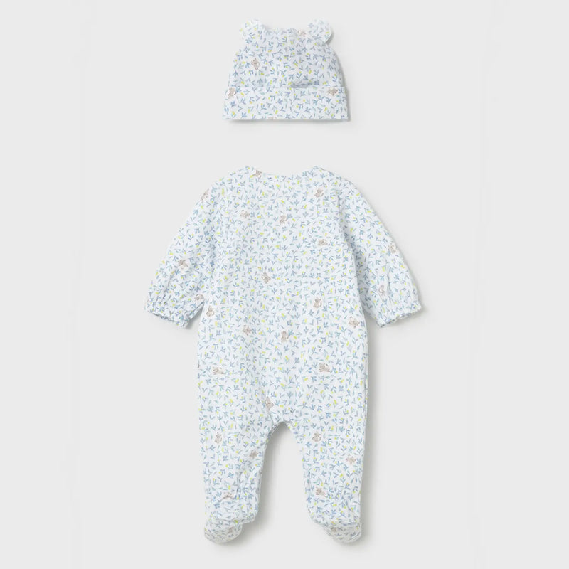 Rear view of the Mayoral printed babygrow & hat.