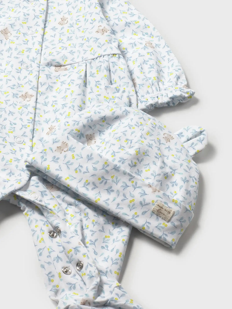 Closer look at the Mayoral printed babygrow & hat.