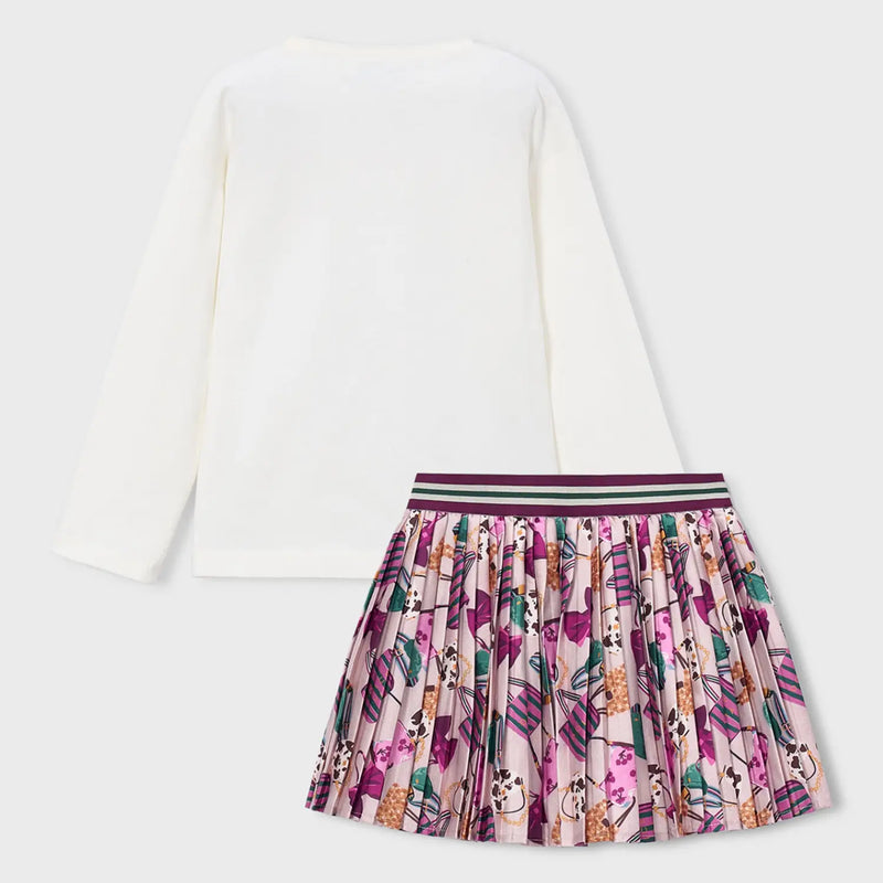 Rear view of the Mayoral printed skirt set.