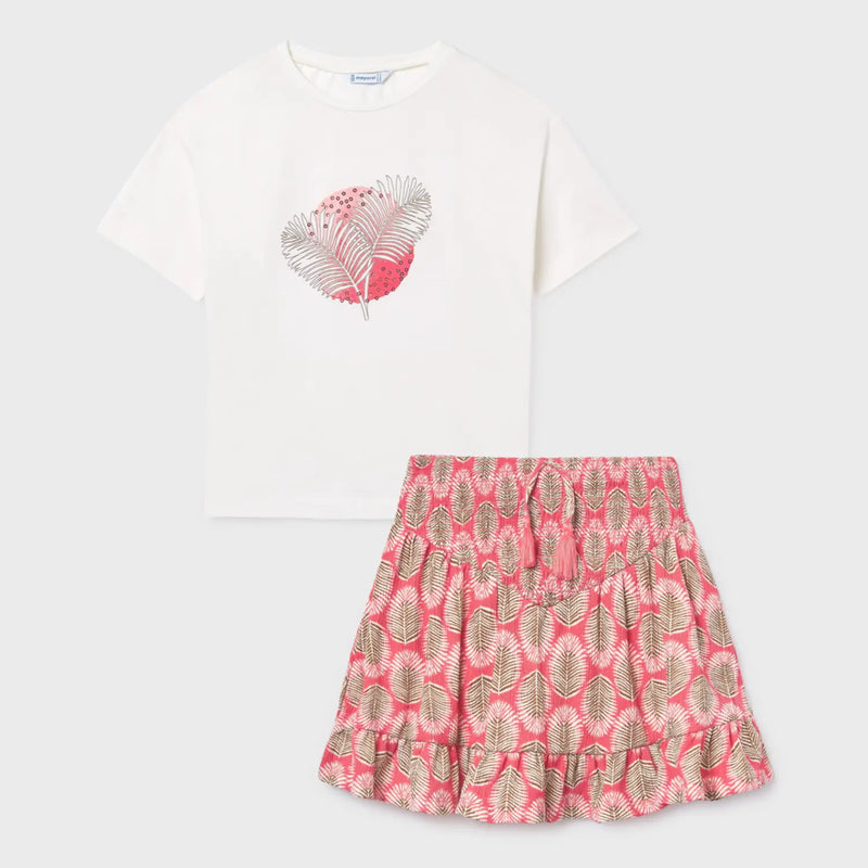 Mayoral girl's coral printed skirt set - 06005.