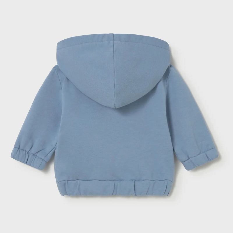 Rear view of the Mayoral blue zip up hoodie.