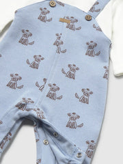 Mayoral pale blue romper with all over puppy pattern.