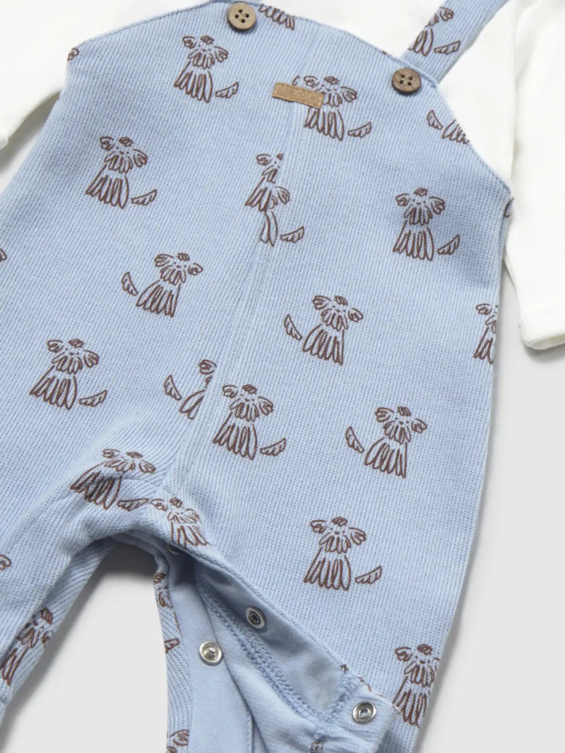 Mayoral pale blue romper with all over puppy pattern.