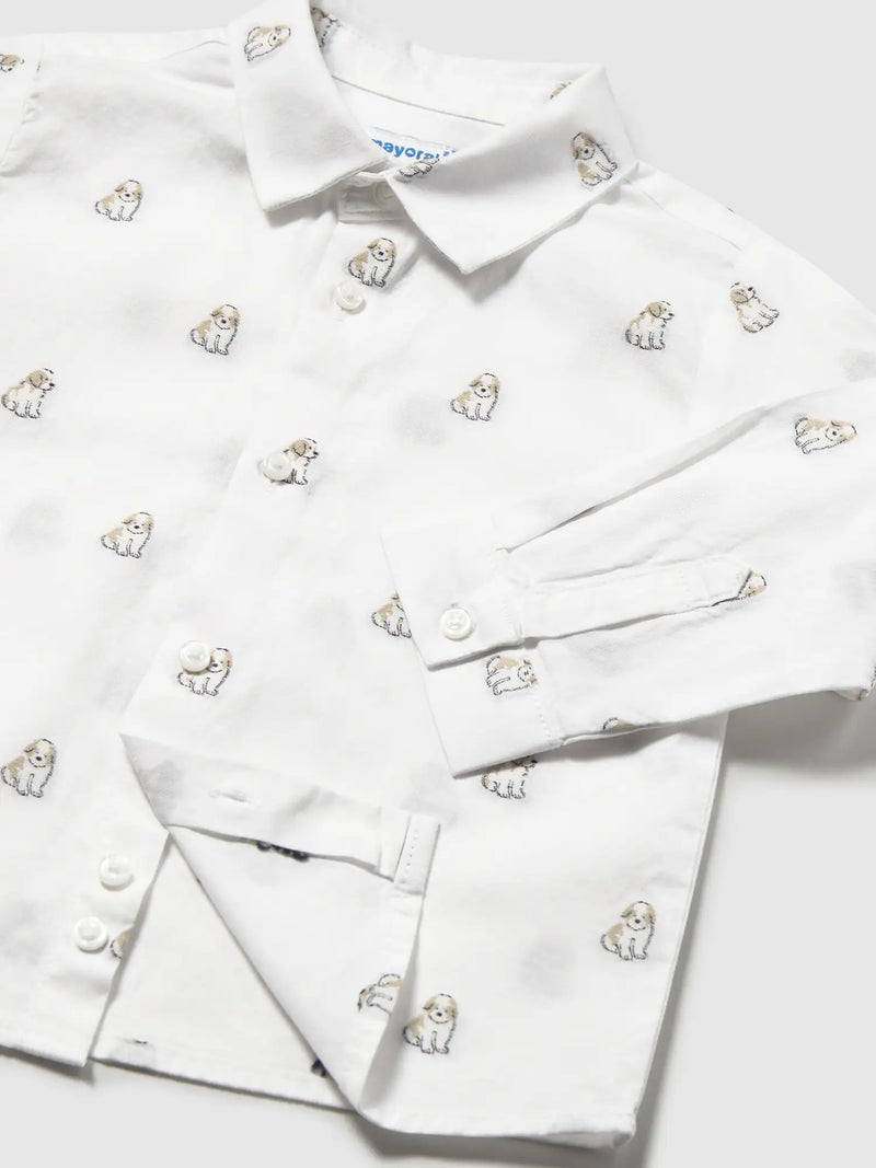 White Mayoral shirt with cute puppy pattern.