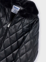 Closer look at the Mayoral quilted coat showing detail of the faux fur collar